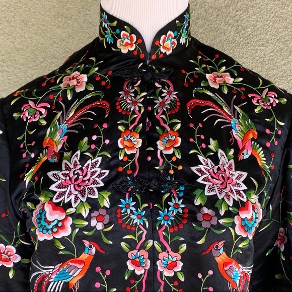 Exquisite Embroidered Asian Black Satin Jacket - Picture 5 of 8